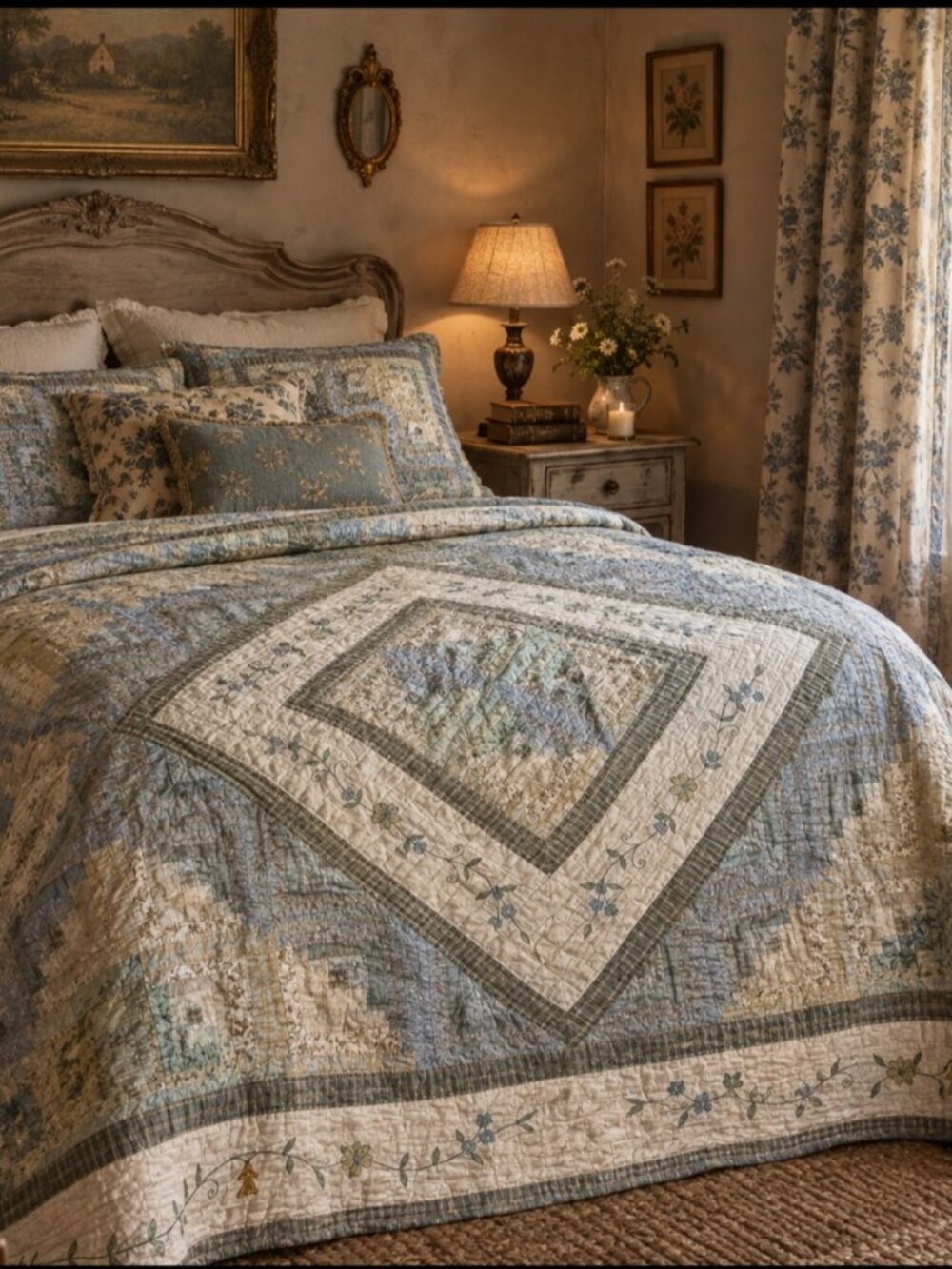 Home Collections Blue White Floral Patchwork Quilt Embroidered Cotton Full/Queen
